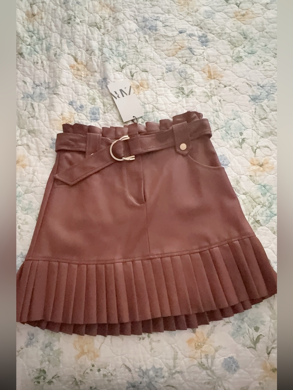 Zara Brown Faux-Leather Pleated Hem Mini Skirt with Belt